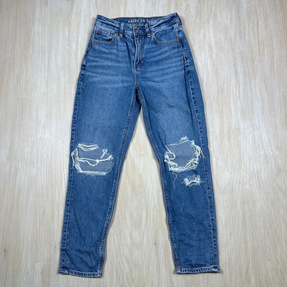 American Eagle Mom Jeans 29 Short High Rise Distressed Ripped Medium Wash Denim
